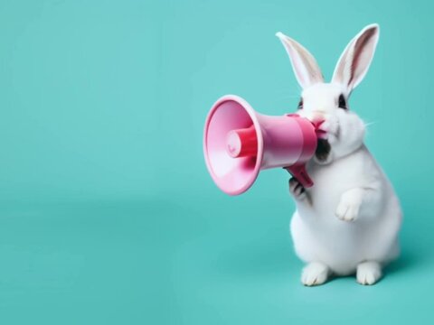 Easter Bunny holding megaphone and roaring on turquoise blue background. Easter advertising concept