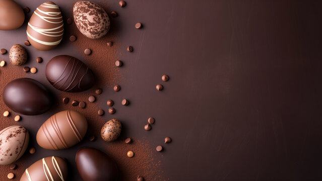 Easter wallpaper with chocolate eggs on a brown background with copy space