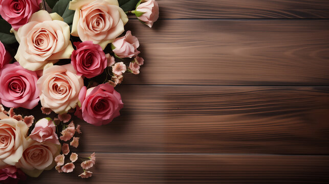 Beautiful composition of spring flowers and leaves on a table background. Top view, copy space. Mockup greeting card