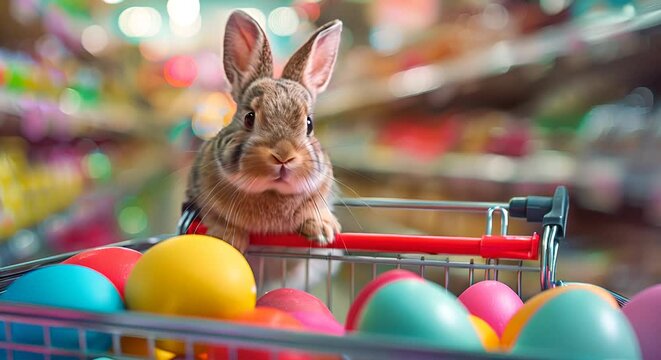 Cute fluffy rabbit with colorful easter eggs in shopping cart in a store aisle with a soft-focus background. Easter bunny with colorful eggs in shopping cart. Happy easter holiday. 