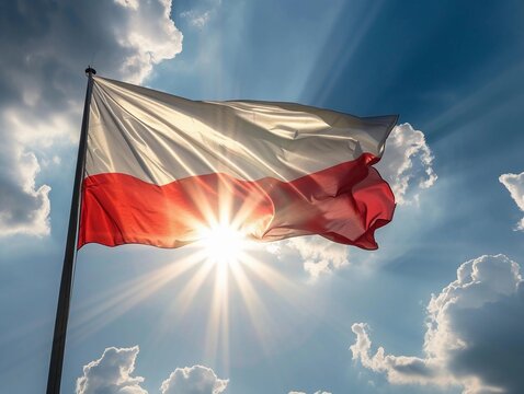 Polish Flag and Sunflare in Blue Sky