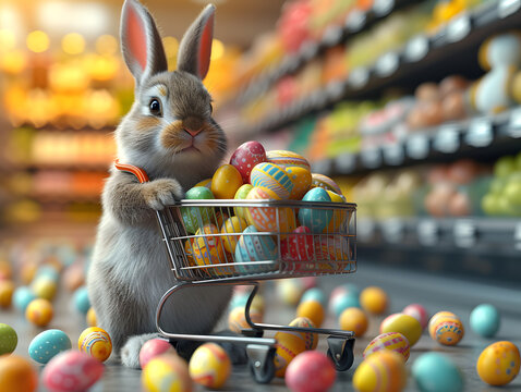 easter bunny with shopping cart, animated rabbit with shopping cart full of Easter eggs in a supermarket aisle. 3D illustration with a playful concept for Easter holiday promotions and greeting cards