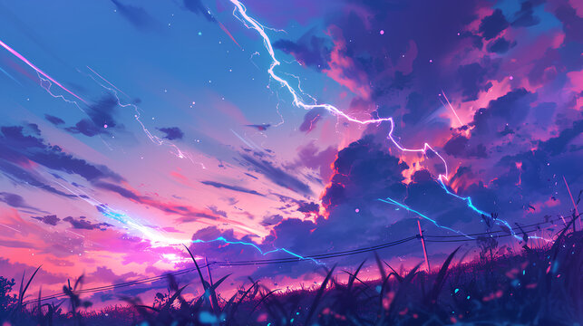 amazing lightning strike, anime background