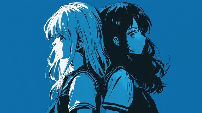 Style of two black and white anime girls on a blue background AI generated image