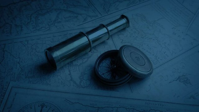 Navigation Tools And Old Maps In Dark Cabin