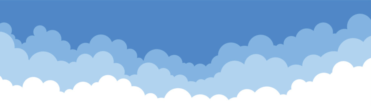 Clouds background, simple cartoon design. Flat style vector illustration. Blue sky and clouds design, beautiful image. Sunny day mood, airy atmosphere