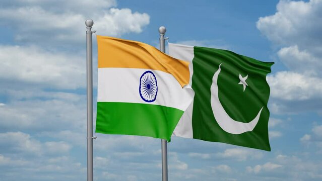 Pakistan and India two flags waving together, looped video, two country relations concept