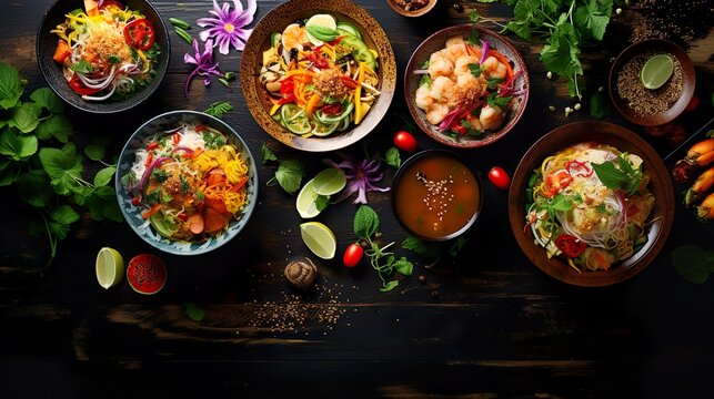 Assorted Chinese food set. Famous Chinese cuisine dishes on table. Top view. Chinese restaurant concept. Asian style banquet