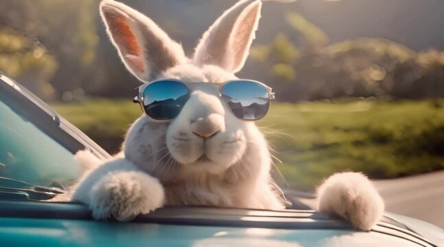 Cute Easter Bunny with sunglasses looking out of a car filed with easter eggs