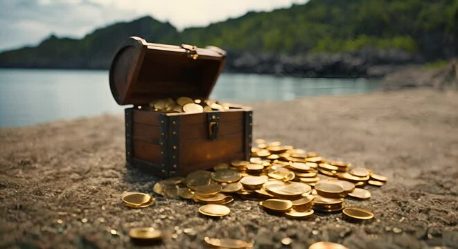 Chest with gold coins on an island.