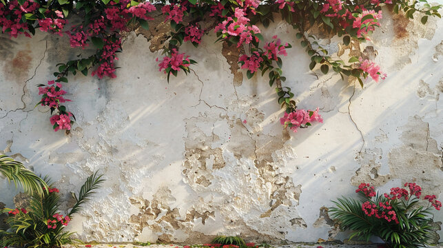 An old white plaster wall with a lot of texture with a big bush of bougainvillea in front, located in a tropical mountain and drenched 8n humidity