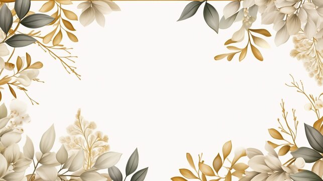 Golden watercolor leafy frame border empty page white background