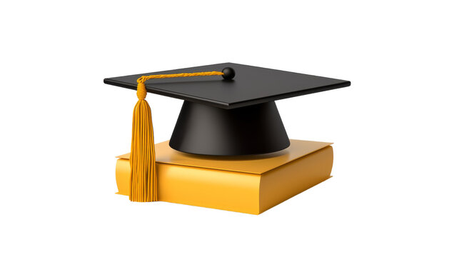 A graduation cap rests beside an open book on a white background