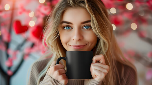 beautiful etsy mockup of a gorgeous happy girl with long blonde hair and blue eyes holding a 11oz 325ml black mug in front of her face, 