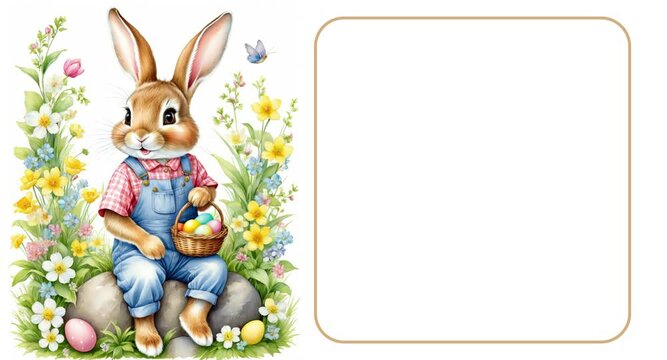 Easter video card. Greeting card with cute bunnies for Easter day. Rabbit with Easter eggs among beautiful meadow flowers. Free space for the text of congratulations with a golden frame. Video mockup