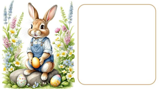 Easter video card. Greeting card with cute bunnies for Easter day. Rabbit with Easter eggs among beautiful meadow flowers. Free space for the text of congratulations with a golden frame. Video mockup