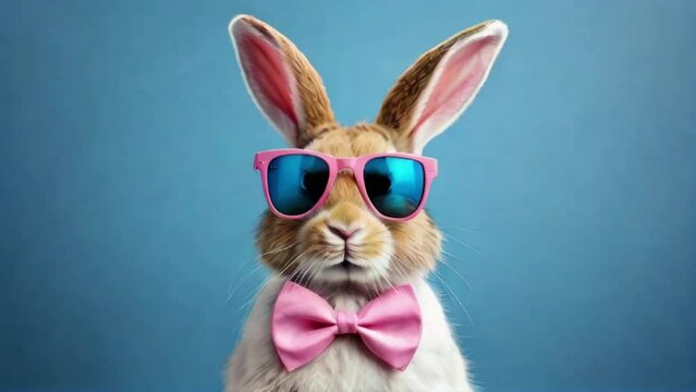 Funny easter animal pet - Easter bunny rabbit with sunglasses, shirt and bow tie, giving thumb up, isolated on blue color background created with generative ai	