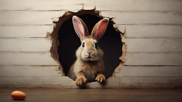 Easter bunny poster peeking out of a hole in the wall with copy space, rabbit jumps out of a torn hole created with generative ai.