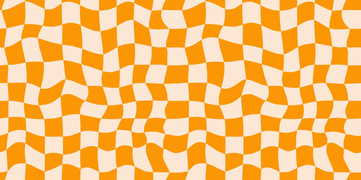 Seamless orange liquid checkerboard pattern. Repeated distorted checkered texture. Groovy trippy abstract surface background. Vector vintage retro style wallpaper for textile, fabric, wrapping paper