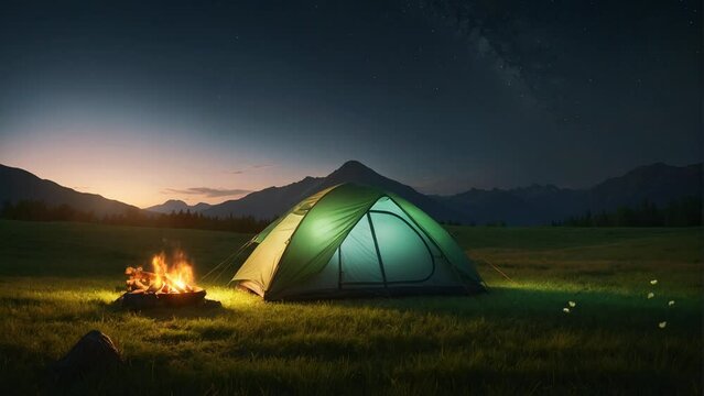 camping on green grassland at night in nature with campfire, 4K seamless looping overlay virtual video animation backgrounds