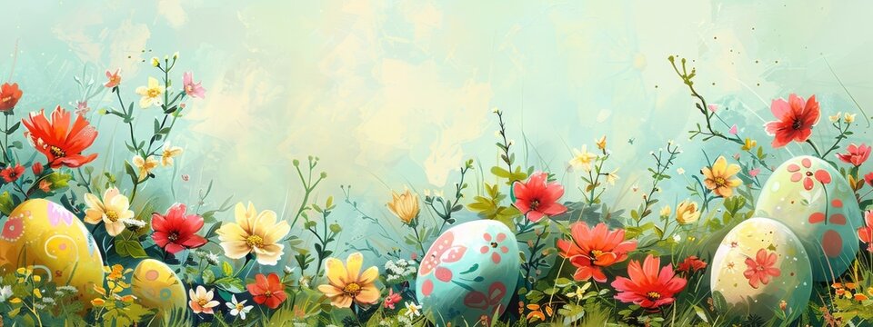 Background easter egg spring bunny happy rabbit flower seamless cute. Egg easter background floral wallpaper illustration design animal card decoration holiday graphic print element blue paint grass.