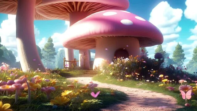 Mushroom house in a beautiful garden full of butterflies