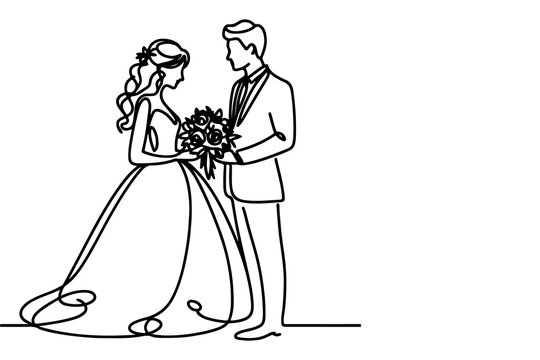 One continuous single drawing black line art doodle wedding couple bride and groom outlne vector illustration on white background