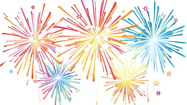 A collection of clipart fireworks, bursting with energy and color, set against a backdrop of pristine white.