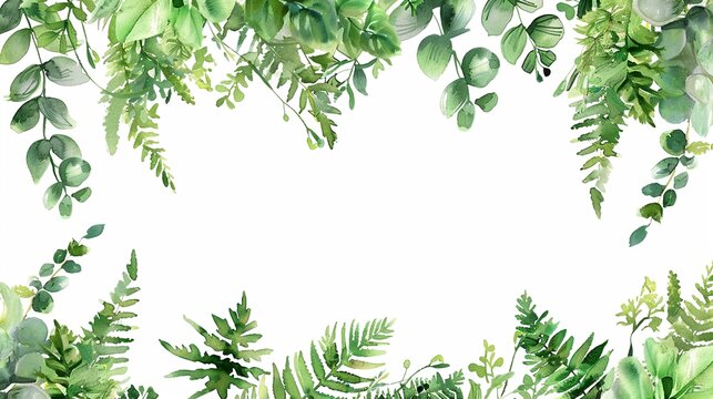 Vibrant Watercolor Greenery border clipart, a harmonious blend of ferns and eucalyptus, creating a lively frame, isolated on white, perfect for invitations