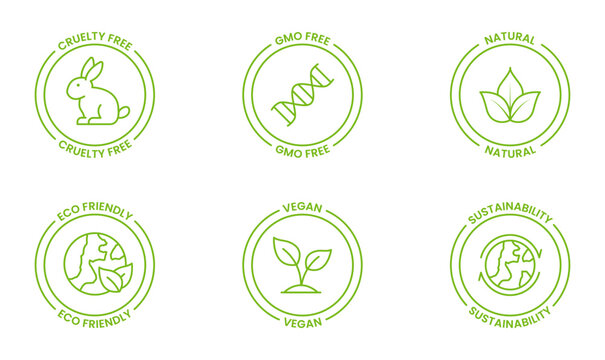 Green Vector icon set of Eco-Friendly Icons: Natural, Vegan, GMO-Free, Environmentally Conscious Icon Set.