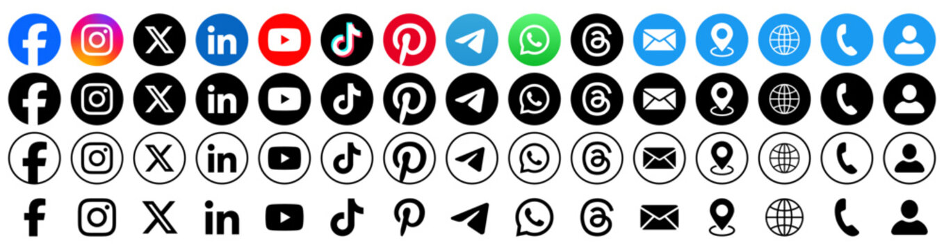 social media icons. social media logo , facebook, instagram, youtube, whatsapp, tiktok, icon - Contact us icon set. Web icons , call, location, globe, world, message, mail, address, website, icon