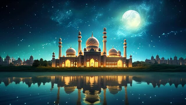 Mosque on the background of the starry sky and the moon, Illustration of mosque with moon and reflection in water. Ramadan Kareem background, AI Generated