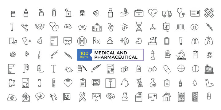 Pharmacy icon set. medication, prescription, treatment, health and syringe symbol. scientific discovery and disease prevention signs. Medical healthcare, doctor line icons.