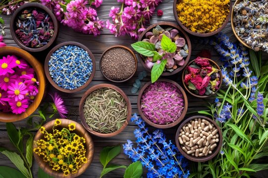 A photo capturing a variety of flowers arranged in different bowls, Vibrant medicinal plants used in holistic medicine, AI Generated