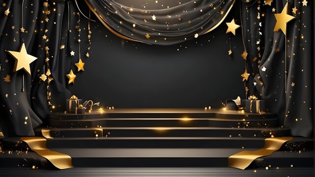 Graduation class background award party banner with space for writing, black curtain and cascading gold stars on an empty stage, podium or platform for product presentation