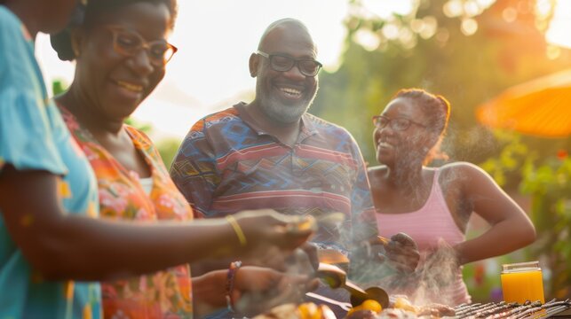 Photo of an african family gathered around a barbecue grill, cooking traditional foods to celebrate Juneteenth, candid laughter and joy, outdoor setting with soft focus on the background