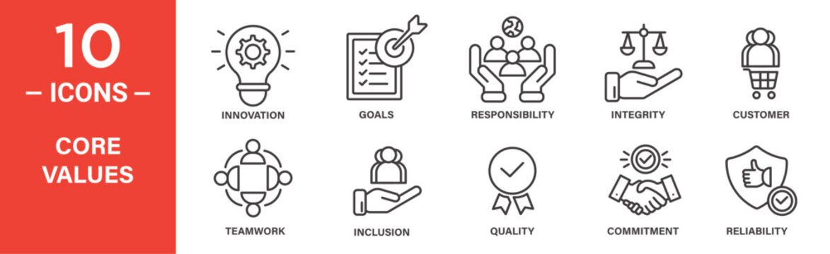 Innovation icon set. goals, responsibility, teamwork, commitment, icons. outlined icon collection. Vector illustration.