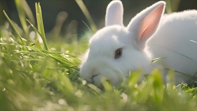 A delightful white rabbit is seen frolicking on the lush green grass, embodying a sense of joy and freedom