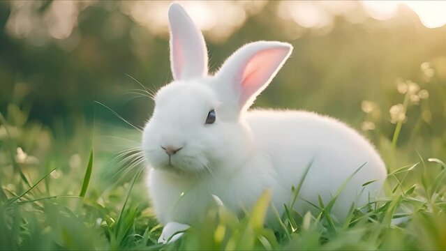 A delightful white rabbit is seen frolicking on the lush green grass, embodying a sense of joy and freedom