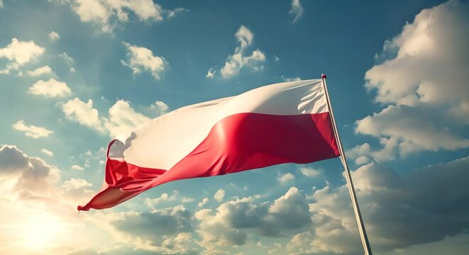 Waving on wind polish national flag. Flag of Poland country on blue sky background