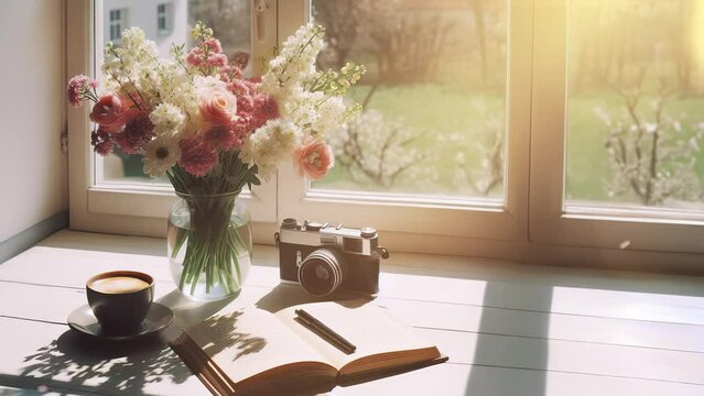 A spring flower bouquet in front of windows in a cozy vintage room on a sunny day, a giftbox, a teddy bear, a book, and a cup of coffee standing on the window, city and garden background photo