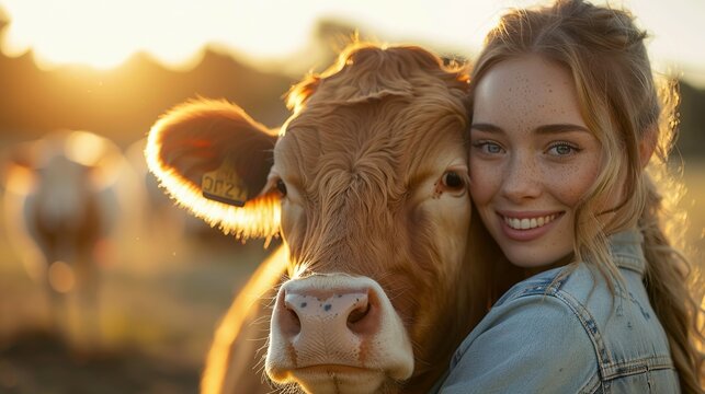 Farmer Happy young woman hugging cow with sun light, concept veterinary health care