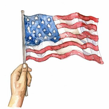 A watercolor clipart of a hand waving an American flag personal pride and joy