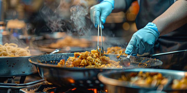 Chef cooking Chinese food in a restaurant kitchen. Asian cuisine concept