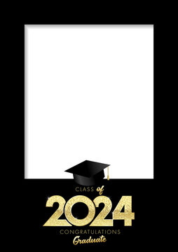 Graduation photo frame A4, Class of 2024. Black copy space background with class of 2024 number and square academic cap. Vector illustration