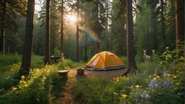 camping in the forest, background, 4k, animation video, Seamless looping, footage, generative ai