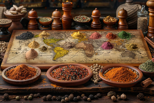 A spice trail map illustrating the geographical origins and trade routes of spices, telling the story of their global journey. Concept of spice trade history. Generative Ai.