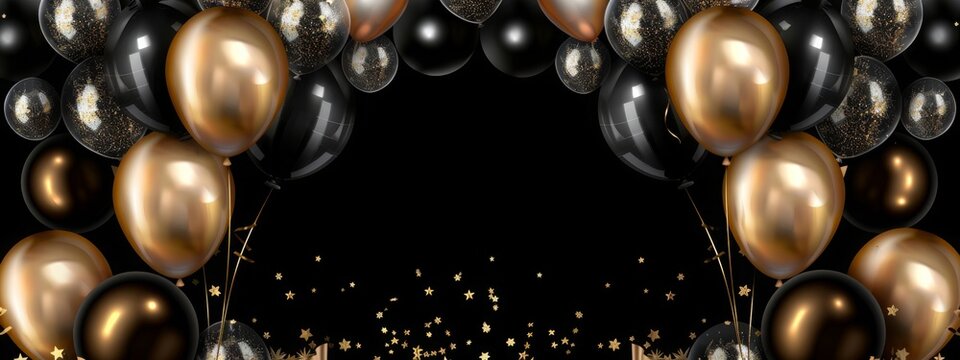 gold black balloon confetti background for graduation birthday happy new year opening sale concept, usable for banner poster brochure ad invitation flyer template