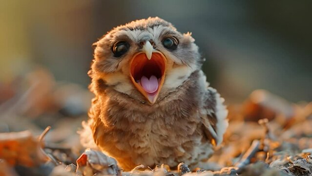 Cute baby owl chick sit in a nest or on branch waiting for food. surrounded by Spanish moss leaves in a forest. Mother looks out at pretty to feed the cute juvenile bird that has fluffy white feathers