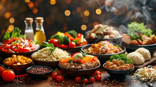 Asian food served on white wooden table and black background, top view, space for text.